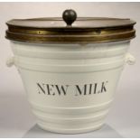 A DAIRY SUPPLY CO BRASS MOUNTED COPELAND WHITE EARTHENWARE NEW MILK PAIL, 34CM H EXCLUDING KNOB