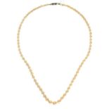 A CULTURED PEARL NECKLACE WITH DIAMOND SET CYLINDRICAL GOLD AND BLUE ENAMEL CLASP, PEARLS 2.5 - 6MM,