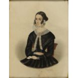 ENGLISH SCHOOL, MID 19TH C, PORTRAIT MINIATURE OF A LADY SEATED, THREE QUARTER LENGTH, IN A BLACK