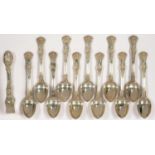 A SET OF ELEVEN VICTORIAN SILVER TEASPOONS AND PAIR OF SUGAR TONGS, QUEEN'S PATTERN, DOUBLE
