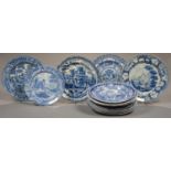 THIRTEEN BRITISH BLUE PRINTED EARTHENWARE PLATES, VARIOUS MANUFACTURERS AND PRINTS, INCLUDING BRIDGE