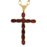 A GARNET SET 9CT GOLD CROSS, 42MM INCLUDING SUSPENSION LOOP AND A 9CT GOLD CHAIN, 11.5G Good