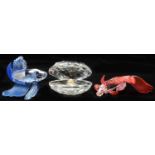 SWAROVSKI CRYSTAL FIGURES - TWO FISH (ONE BLUE ONE RED) AND AN OYSTER SHELL WITH PEARL, ORIGINAL