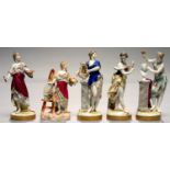 A SET OF FOUR GERMAN PORCELAIN FIGURES OF THE ARTS AND A VOLKSTEDT FIGURE OF A WOMAN EMBLEMATIC OF