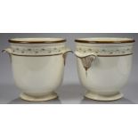 A PAIR OF WEDGWOOD QUEENSWARE ICE PAILS, PAINTED IN SEPIA AND GREEN WITH TRAILING BORDER AND SHELL