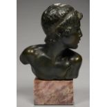 A BRONZE SCULPTURE OF THE HEAD OF ACHILLES, CAST FROM A MODEL BY CONSTANT ROUX, ON MARBLE PLINTH,