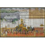 INDIAN SCHOOL, A PROCESSION, MINIATURE ON CLOTH, 25.5 X 38CM AND A WATERCOLOUR OF A RELIGIOUS