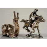 A CONTINENTAL MINIATURE CAST SILVER MODEL OF A HORSE AND JOCKEY, 4CM H, IMPORT MARKED, LONDON 1984