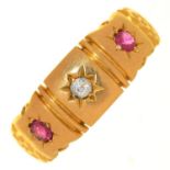 A VICTORIAN RUBY AND DIAMOND THREE STONE GYPSY SET RING, IN 18CT GOLD, CHESTER 1900, 4.4G, SIZE P