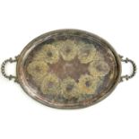 A VICTORIAN OVAL EPNS TEA TRAY WITH BEADED RIM, 72CM OVER HANDLES, C1900 Plating worn
