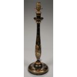 A CHINOISERIE JAPANNED TABLE LAMP IN THE FORM OF A SLENDER BALUSTER CANDLESTICK, 50CM H EXCLUDING