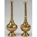 TWO SIMILAR INDIAN BRASS ROSEWATER SPRINKLERS, IN MUGHAL STYLE, 17.5 AND 18CM H, 20TH C Good