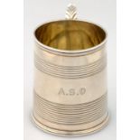 A VICTORIAN SILVER CHRISTENING MUG,  ENGRAVED WITH REEDED BANDS, 7.5CM H, BY JOSEPH AND JOHN ANGELL,