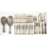 A GERMAN SILVER HAFTED FOUR PIECE SERVING SET, ENGINE TURNED, TWO PART SERVICES OF GERMAN SMALL