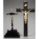 A FRENCH CARVED IVORY CORPUS CHRISTI, THE FIGURE ON EBONY CROSS, 39CM AND A CONTINENTAL SILVER