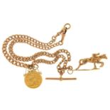 GOLD COIN. A 9CT GOLD ALBERT,  APPROX 42CM, C1900, MOUNTED WITH A 9CT GOLD HORSE AND JOCKEY CHARM