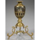 A BRASS AND SILVERED METAL - INLAID URN, ON MOULDED FOOT AND THREE SCROLL OPENWORK LEGS, 37CM H,