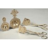 TWO PAIRS OF ORNATE GERMAN CAST SILVER OPENWORK SANDWICH OR PASTRY TONGS OF SCISSOR TYPE AND TWO