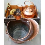 A VICTORIAN COPPER KETTLE AND COVER, HAYSTACK MEASURE AND COAL SCUTTLE, A PAIR OF VICTORIAN BRASS