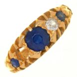 A SAPPHIRE AND DIAMOND FIVE STONE RING, IN 18CT GOLD, C1910, 3.2G, SIZE J