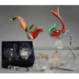 TWO VENETIAN COLOURED GLASS SCULPTURES OF A FISH AND DOLPHIN AND OTHER DECORATIVE GLASSWARE Good