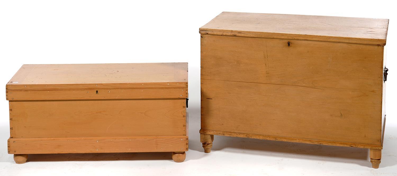 TWO WAXED PINE CHESTS WITH IRON CARRYING HANDLES, 64CM H; 93 X 53CM AND 41CM H; 90 X 41CM Larger