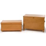 TWO WAXED PINE CHESTS WITH IRON CARRYING HANDLES, 64CM H; 93 X 53CM AND 41CM H; 90 X 41CM Larger