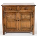 AN ANTIQUE STYLE OAK DRESSER WITH PANELLED DOORS, 84CM H; 92 X 44CM Good, clean condition