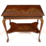 A 1930'S JAPANNED MAHOGANY CENTRE TABLE WITH BLIND FRET CARVED FRIEZE, THE CONFORMING UNDERTIER