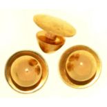 A SET OF THREE VICTORIAN GOLD DRESS STUDS, MARKED 18CT, FITTED MAROON MOROCCO CASE SIGNED FOR JOHN