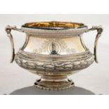 A CONTINENTAL SILVER SUGAR BOWL, PROBABLY AUSTRO-HUNGARIAN, OF WAISTED FORM WITH ANGULAR HANDLES AND