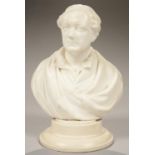 A 19TH C STATUARY MARBLE PORTRAIT BUST OF A GENTLEMAN, 24CM H, ON ASSOCIATED WHITE PAINTED WOOD