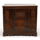 A JOINED OAK CUPBOARD WITH LUNETTE CARVED FRIEZE AND PANELLED DOOR, 91CM H; 105 X 50CM, ELEMENTS