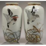A PAIR OF JAPANESESETO WARE  VASES, PAINTED WITH BIRDS AND GRASSES, 30CM H, SETO KAWAMOTO