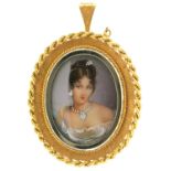 AN  18CT GOLD BROOCH - PENDANT SET WITH A MINIATURE OF A LADY, 41MM EXCLUDING SUSPENSION LOOP,