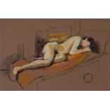 FRANKLIN WHITE, RECLINING FEMALE NUDE, OIL ON COLOURED PAPER WITH THE ATELIER STAMP, 23 X 34.5CM