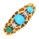 A TURQUOISE AND DIAMOND RING, IN 18CT GOLD, BIRMINGHAM 1906, 2.4G, SIZE H One turquoise replaced
