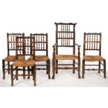 FIVE ASH SPINDLE BACK CHAIRS, NORTH WEST ENGLAND, INCLUDING AN ELBOW CHAIR, RUSH SEATED, 19TH C Some