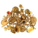 GOLD COIN. A GOLD CHARM BRACELET, WITH GOLD CHARMS AND FOUR MOUNTED HALF SOVEREIGNS AND FIVE MOUNTED