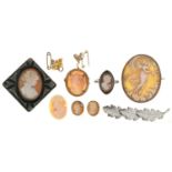 THREE CAMEO BROOCHES, A PAIR OF EARRINGS, TWO OTHER ITEMS AND A SILVER LEAF BROOCH Several of the