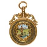 A 9CT GOLD AND ENAMEL ANGLING PRIZE FOB SHIELD MEDALLION, 25MM DIAM, BY W W CASHMORE, BIRMINGHAM