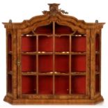 A DUTCH SPLAY FRONTED WALNUT CABINET WITH CARVED CREST AND MOULDED PEDIMENT, 87CM H; 90 X 24CM, 19TH