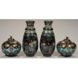 A PAIR OF JAPANESE CLOISONNE ENAMEL (GINBARI), GLOBULAR VASES AND COVERS AND ANOTHER CONTEMPORARY