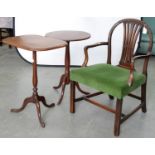 A GEORGE III HOOP BACK MAHOGANY ELBOW CHAIR AND TWO MAHOGANY TRIPOD TABLES, 74CM H AND 72CM H