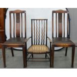 A PAIR OF OAK DINING CHAIRS WITH CARVED BACK AND A CANED BEECH ARMCHAIR WITH WAVY BACK Good, solid