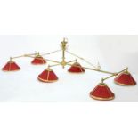 A BRASS BILLIARD TABLE LIGHT OF SIX LAMPS WITH CONICAL PLEATED FABRIC SHADES, APPROXIMATELY 126 X
