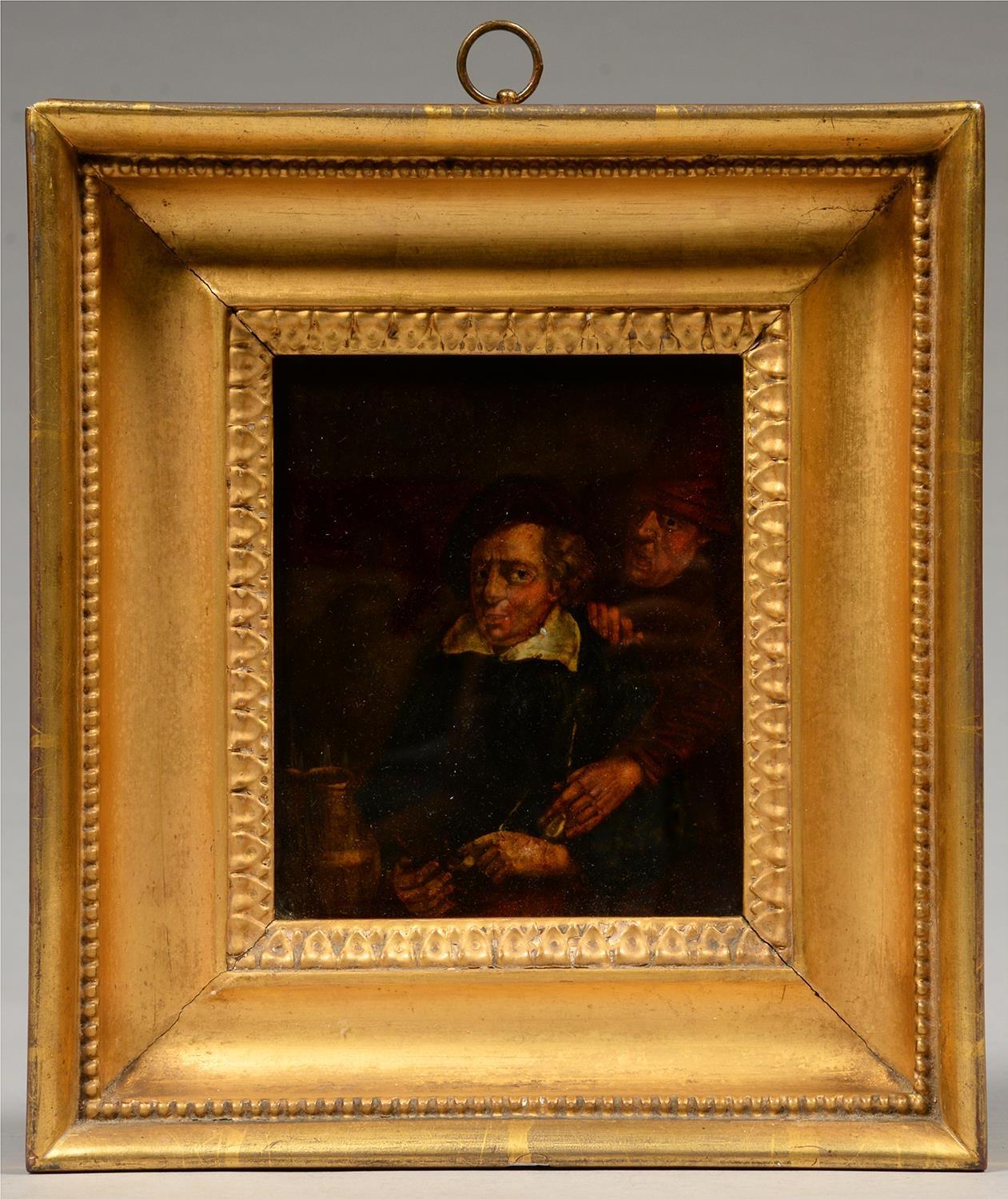 A PAINTED MEZZOTINT UNDER GLASS OF TWO MEN IN A TAVERN AFTER TENIERS, 15 X 12.5CM, LATE 18TH C,