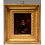 A PAINTED MEZZOTINT UNDER GLASS OF TWO MEN IN A TAVERN AFTER TENIERS, 15 X 12.5CM, LATE 18TH C,