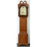 AN OAK THIRTY HOUR LONGCASE CLOCK, THE PAINTED DIAL WITH DATE SECTOR AND DECORATED WITH FLOWERS,