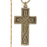 A GOLD CHAIN, MARKED ON LATER ASSOCIATED KEEPER 375, 5.4G AND A VICTORIAN SILVER CROSS, BIRMINGHAM